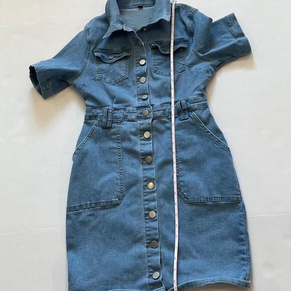 Short Sleeve Light Wash/Rinse Denim Button Down Mini Shirt Dress Belt Loops S - Picture 5 of 13